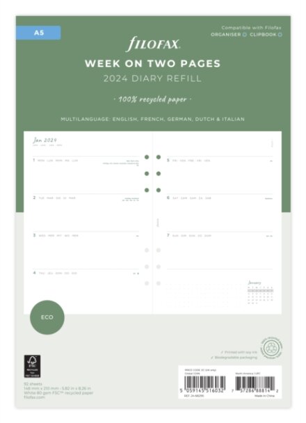 Filofax A5 Eco Week On Two Pages 2024 Diary With Tabs