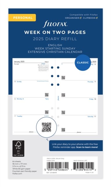 Filofax Personal Week On Two Pages English Sunday Start 2025 Diary