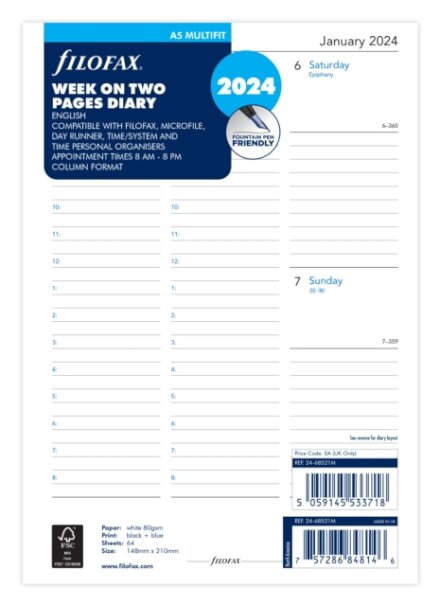 Filofax A5 Week On Two Pages Column Format English 2024 Diary